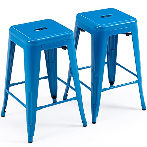 Vogue Furniture Direct Taburetes de bar de metal de 24 pulgadas, taburetes de bar sin respaldo, taburetes apilables para interiores y exteriores con asiento cuadrado, juego de 2 (azul)
