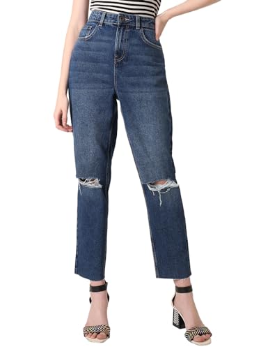 Image of VERO Moda Women's Mom Fit High Rise Distressed Jeans