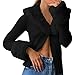 Haut Cardigan Moelleux à Manches Longues pour Femmes col en V Court Cardigan en Tricot Pull Solide Hauts avec Poignets de col en Fausse Fourrure (Black, L)