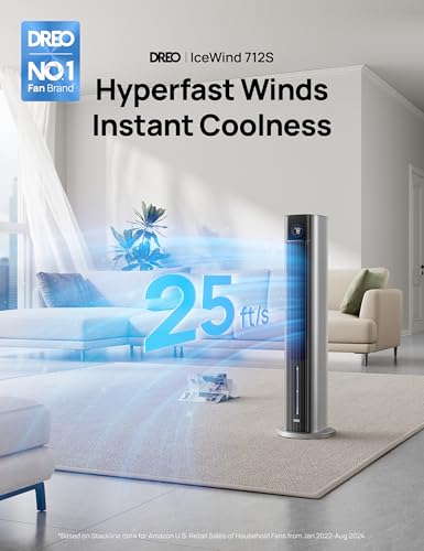 Image of DREO Evaporative Air Swamp Cooler, 43 inch Cooling Fans that Blow Cold Air 2026 Upgraded, 80 Oscillating Floor Fan for Bedroom, Easy Cleaning, APP Control, Ice Packs, 4 Speeds 4 Modes, 12H Timer, Silver