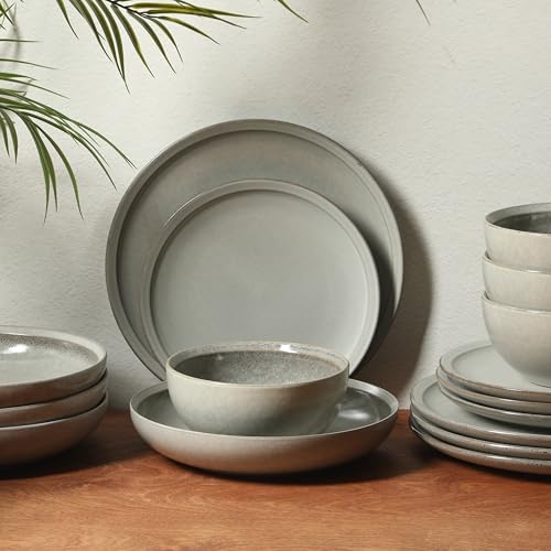 Image of Gibson Elite Beckett Stoneware Matte Reactive Glaze 16 Piece (Service for 4) Plates and Bowls Dinnerware Set - Ash White