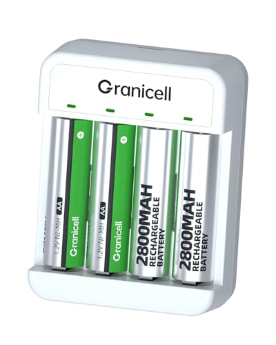Granicell AA RechargeableBatteries with Charger 2800mAh 4-Pcs NiMH AA Batteries with Smart 4-Bay USB Quick Charge Battery Charger for NiMH Ni-CD Batteries