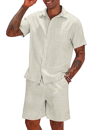 COOFANDY Men 2 Piece Linen Set Casual Short Sleeve Shirt and Short Beach Set
