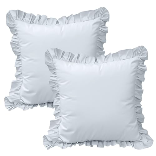 QSH Light Blue Ruffled Euro Pillow Shams Set of 2, Shabby Boho Chic Farmhouse Euro Pillow Covers Vintage Ultra Soft and Breathable Microfiber Pillowcases 26