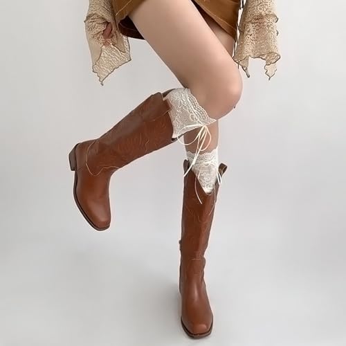 Image of White Knee High Socks, Lace Ruffle Cute Sock Lolita Stockings Kawaii Lace Top Thin Socks for Girl Women