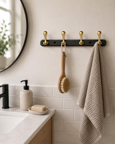 Image of ELUVIA Zinc Alloy 4 Pin Wall Hooks for Hanging Cloth and Towel Hangers for Wall Hook,Hook Rail Home Bathroom Kitchen & Bedroom (Pack of 1, Gold Black, 4 Hook)