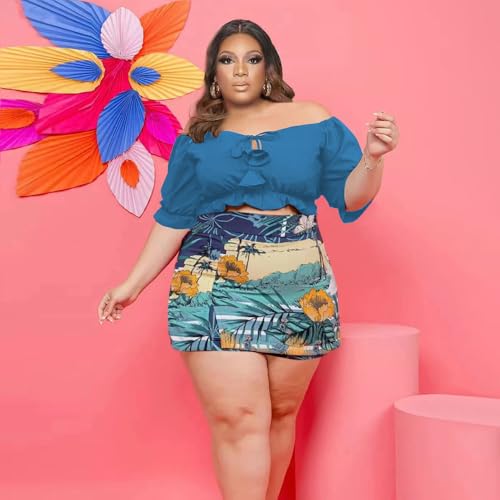 Image of Women Plus Size Skirt Two Piece Outfit Short Sleeve Off The Shoulder Crop Top shorts Dress Suit Set