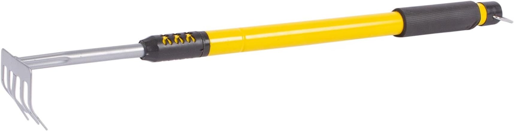 1x Yellow 66-96cm Carbon Steel Telescopic Garden Rake - Long Handle Heavy Duty Gardening Lawn Grass Leaf Soil Hand Tool
