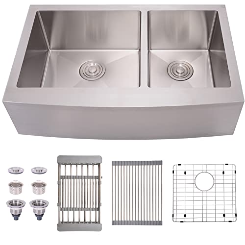 TopCraft Farmhouse HFO3321BS Küchenspüle, Doppelschüssel, 60/40, 83,8 x 53,3 cm, 16 Gauge, Schürze vorne, Edelstahl, Bauernhofspüle mit 25,4 cm Tiefe Cover