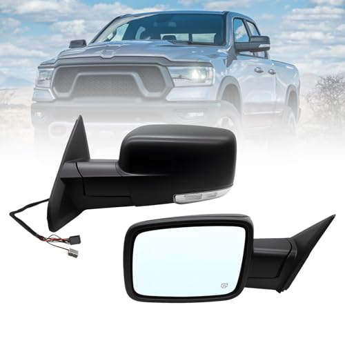 OsyphereX Left Driver Side Mirror Assembly 12 Pins Compatible with Ram 1500 2500 3500 2013-2018 Power Folding Heated Turn Signal Light Puddle Light Temperature Sensors Textured Black (10+2 Pins)