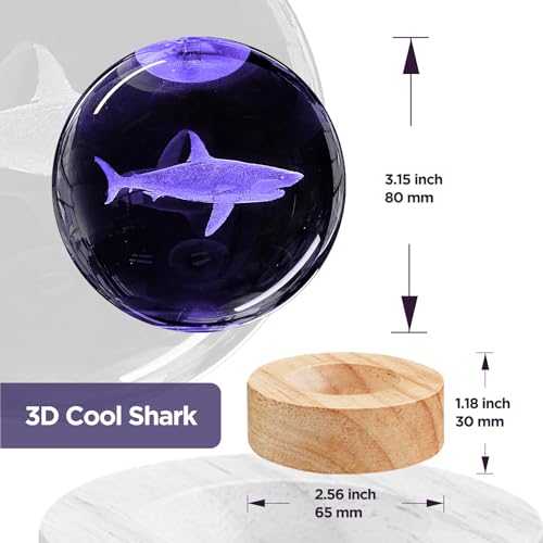 Image of 3D Shark Crystal Ball Night Light with Remote Upgraded 3.15 in Shark Glass Ball Table Lamps with 16 Color Led Wooden Base for Birthday Xmas Cool Shark Figurines Room Decor Gifts for Kids Teen