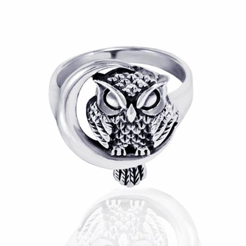 Image of Oxidized Sterling Silver Plated Detailed Midnight Owl with Crescent Moon Ring - Nickle Free Ring Size-7, NC-023-7