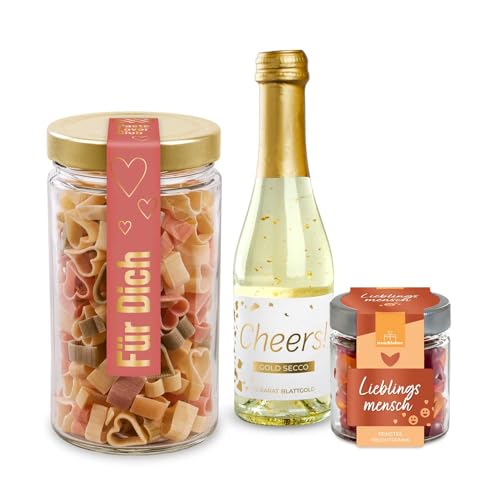 3er Set Pasta Herzen Für Dich, Fruchtgummis Lieblingsmensch und Gold Secco Cheers! | Genussbundle für besondere Momente | Geschenkidee für Freunde, Familie und Kollegen