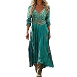 Robe maxi bohème pour femme   Avec imprimé floral   Robe en lin   Col en V   Manches 3/4   Robe d'été longue vintage   Tunique trapèze douce   Robe décontractée   Robe festive en mousseline, T vert
