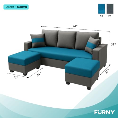 Image of FURNY Iira Sofa Set 3 Seater Velvet Fabric (Aqua Blue - Dark Grey) with 2 Ottoman | Modular Design | Living Room Furniture | Modern Stylish Sofa for Home