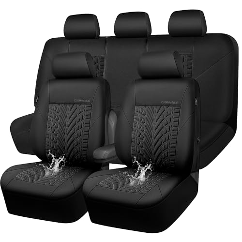 Image of CAR PASS Neoprene Waterproof Seat Covers Full Sets, Wetsuit Car Seat Covers 5 Seats Universal Fit for Vans, Truck, SUV, 3D Tyre Embossed Seat Covers Anti Slip with Armrests, Aibag Compatible(Black)