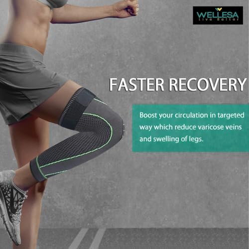Image of WELLESA Knee Cap Support for Men & Women | Pain Relief Brace | Breathable & 4-Way Stretch | Compression Knee Sleeve for Sports, Gym & Injury Recovery (Long Knee, XXL)