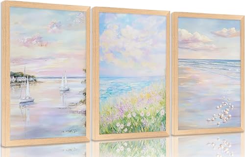 Wood Framed Pastel Coastal Wall Art Pink Beach Shell Pictures