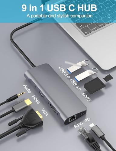Image of USB HUB 9 in 1 Ethernet Port, USB 3.0 Ports, 100W Power Delivery, VGA,SD /TF Card Readers USB C Hub to HDMI 4K Type C Adapter Compatible for MacBook and More Type C Devices (USB C to 9 in 1 HUB)