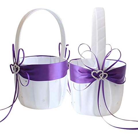 Awtlife 2PCS Purple Flower Girl Basket Double Heart Rhinestone Elegant for Wedding Ceremony Party Favor Cover
