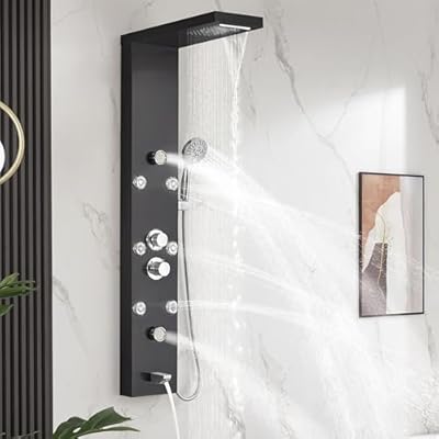 DELAVIN Shower Panel Stainless Steel Shower Tower, 5-Function Shower Panel Tower System, Full Body Shower System with Rainfall Waterfall Massage Body Jets Tub Spout and Handheld Shower, Brushed Black