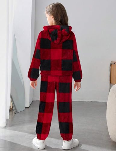 Image of Shallmu Girls Fuzzy Bear Ear Plaid Hoodie Pullover Sweatshirt with Pocket Sweatpants Fall Winter 2 Piece Outfits