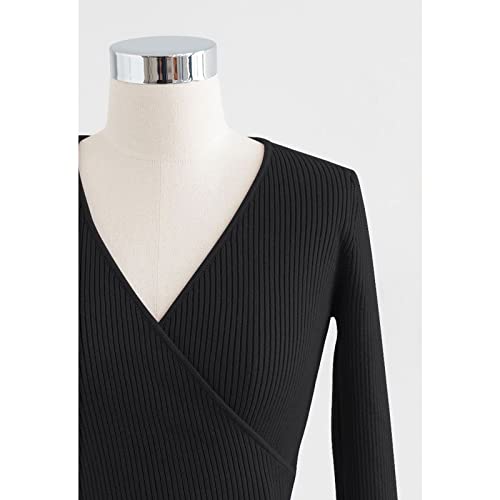 Image of CHICWISH Women's Black /Lilac V-Neck Tie-Waist Bowknot Wrap Knit Top