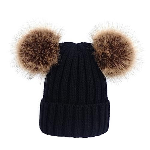 BESTYASH Knitted Hat for Years Unisex Earflap Beanie with Fluffy Balls Warm Woolen Cap for Boys Cozy Black Design for Cold Weather Outfits