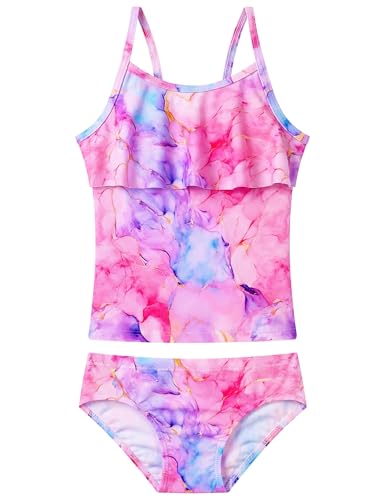 Image of Girls Tankini Swimsuit UPF50+ Ruffle 2 Piece Bathing Suit Full Coverage Kids Swimwear Ages 2-14 Years