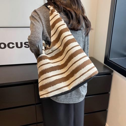 Striped Fuzzy Bucket Bag Large Capacity Shoulder Bag with Magnetic Closure 2025 Style Handbag for All-seasons4