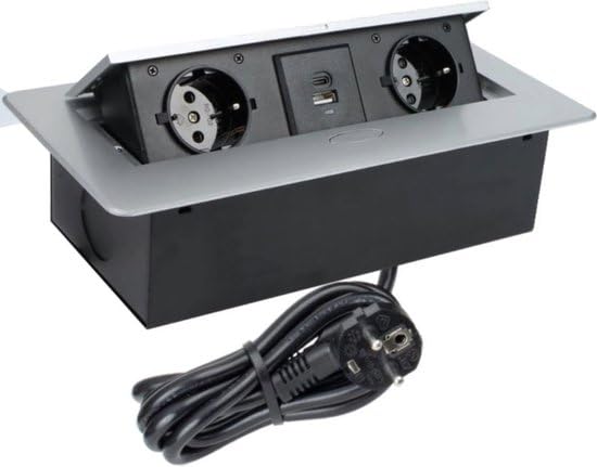 Podtynkowa listwa zasilająca Kombibox Pop up z 2 gniazdami i USB i USB-C z kablem 3 m (srebrny)