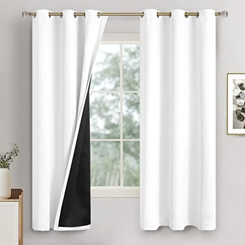 QUEMAS 100% Blackout Curtains for Bedroom 63 inch Length 2 Panels, Full Light Blocking Drapes with Black Liner, Thermal Insulated Grommet Window Curtains for Living Room, Each 42 x 63 Inch, Pure White