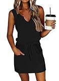 SAUKOLE Womens Sleeveless T Shirt Dresses Casual Cute Floral Print Short Dress Summer Fashion Front Pockets