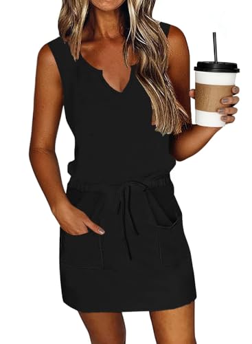 Image of SAUKOLE Womens Sleeveless T Shirt Dresses Casual Cute Floral Print Short Dress Summer Fashion Front Pockets