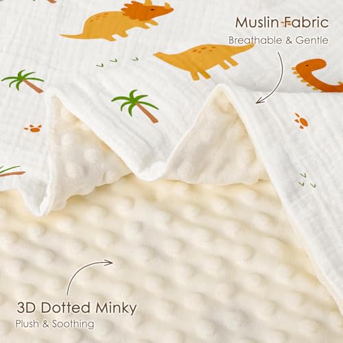 Image of Dinosaur Baby Blankets for Boys, Soft Nursery Minky Blankets with Muslin and Dotted Fleece Back 30x40 inches, Receiving Bed Quilt for Newborn, Infants, Toddlers