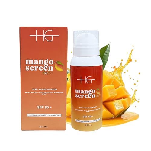 HG AESTHETICS MangoScreen Spray Solar con Miel y Mango SPF 50 | Protector Solar Orgánico para Niños y Adultos | Protección UVA & UVB, Resistente al Agua, No Pegajoso, Aroma Suave a Mango