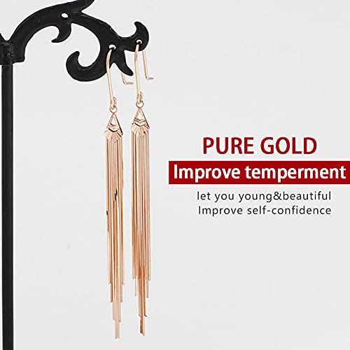 Solid 18K Rose Gold Tassel Earrings Dangle For Women Real Gold, Dainty Italian Fashion Drop Earrings Simple Hook Gift For Teen Girls, Pure Gold With Certificate Fine Jewelry For Valentine's Day #TOP3
