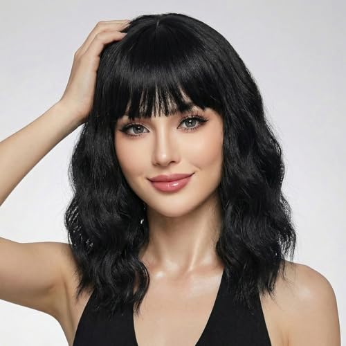 Image of Pastel Black Wavy Bob Wig for Women, Short Shoulder Length Synthetic Wig with Bangs, Natural Looking Lightweight Hairpiece for Daily Wear & Cosplay Costume Party