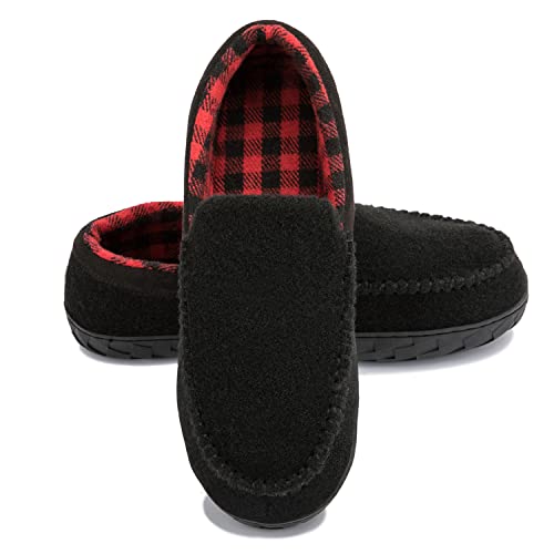Newdenber Men's Moccasin Slippers With Indoor Outdoor Memory Foam Sole, Warm Soft Slip On House Shoes Size 11, Black Red #TOP6