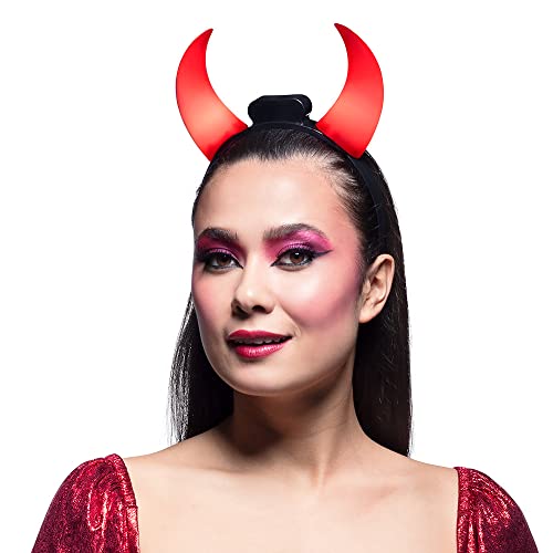 Boland 01071 - LED-Tiara Teufelshörner, Haarreif mit LED-Licht und Hörnern, inkl. Batterien, Teufel, Kopfbedeckung, Accessoire, Halloween, Karneval, Mottoparty, Rot-schwarz