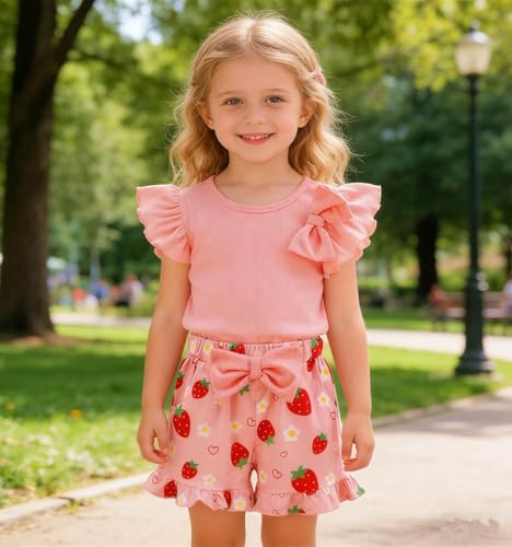 Image of Barlver Girls 2 Piece Short Set Baby Girl Summer Clothes Ruffle Sleeve T-Shirt and Bow Knot Shorts Toddler Girl Outfit Set