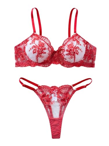Image of Sexy Floral Embroidered Flower Mesh Underwire Push Up Lingerie Set