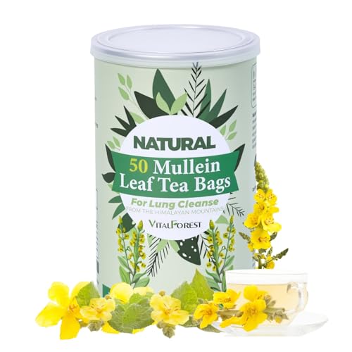 50 Mullein Tea Bags for Lungs VitalForest 100% Pure Mullein Leave Tea Lung Detox Cleanse Mullen Tea for Smokers Breathe Deep and Respiratory Support Caffeine Free Mullin