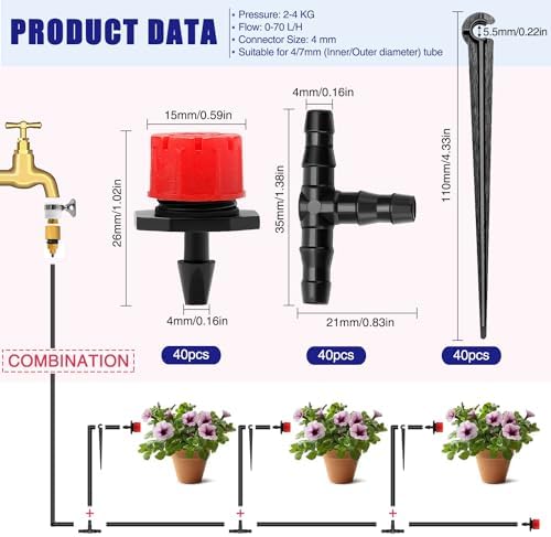 Bild 1 - 120 Stücke Automatische Tropf Bewässerung Set, VooGenzek 40 Einstellbare Micro Drip Tropfer + 40 T-Steckverbinder + 40 Micro Drip Rohrhalter für Schlauch 4/7mm, für Garten, Rasen, Gewächshaus, Rot