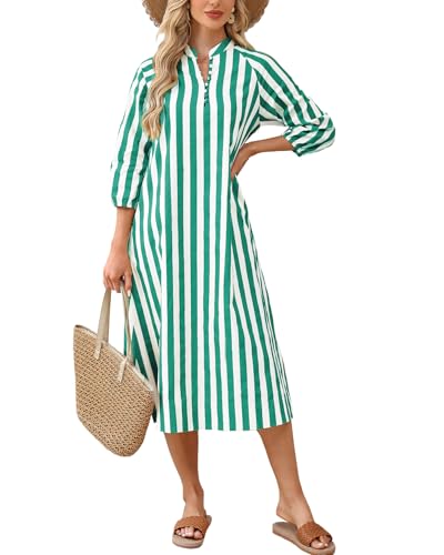 Image of YEXPINE Women Summer Striped Button Down Long Maxi Dress Loose Fit 3 /4 Sleeve Cotton Caftan Shirt Dress with Pocket