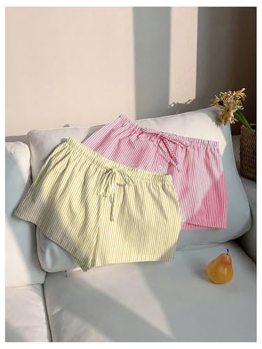 Image of MakeMeChic Women's 2 Pack Linen Shorts Striped Gingham Boxer Shorts | Summer, Beach Shorts, Cover Up, Pajama, Lounge