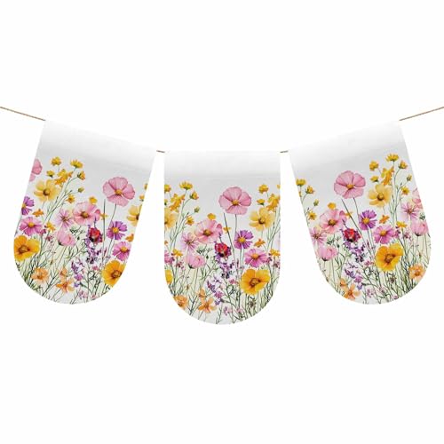 Botanical Flowers Decoration Hanging Banner for Door, Rustic Seasonal Blooms Floral Herbs Scalloped Holiday Banner Backdrop for Party Supplies, Indoor Flag Home Decor 7.9'W x 11.8'L, 3 Panels