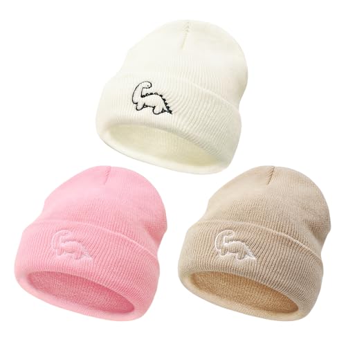 Durio 3 Pack Baby Beanie Cute Icon Baby Toddler Winter Hat for Boys Girls Warm Infant Toddler Beanie Baby Girl Hats Cap for 0-3 Years Khaki & Pink & White One Size