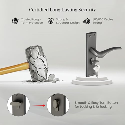 Image of LAPO Mortise Door Lock for Home Main Door & Bedroom with Handle, Left-Right Fit 30-50mm Door Home Office Hotel, Heavy-Duty 60mm Cylinder, 45x45mm Body, 3 Brass Keys | Black Finish |CY-101