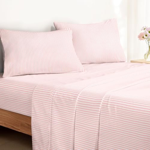 Image of Wake In Cloud - Striped Bed Sheets, 4-Piece Sheet Set, Ticking Vertical Pin Stripe Modern Farmhouse Pattern Printed Bedding, Deep Pocket, Pink White, Queen Size